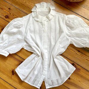 Vintage White eyelet Puff-Sleeved Victorian Style blouse cotton